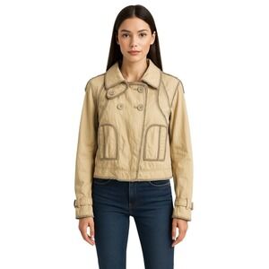 BCBGMaxAzria Runway XS Jacket Tan Chains Fringe Double Breasted‎ Hooded 187